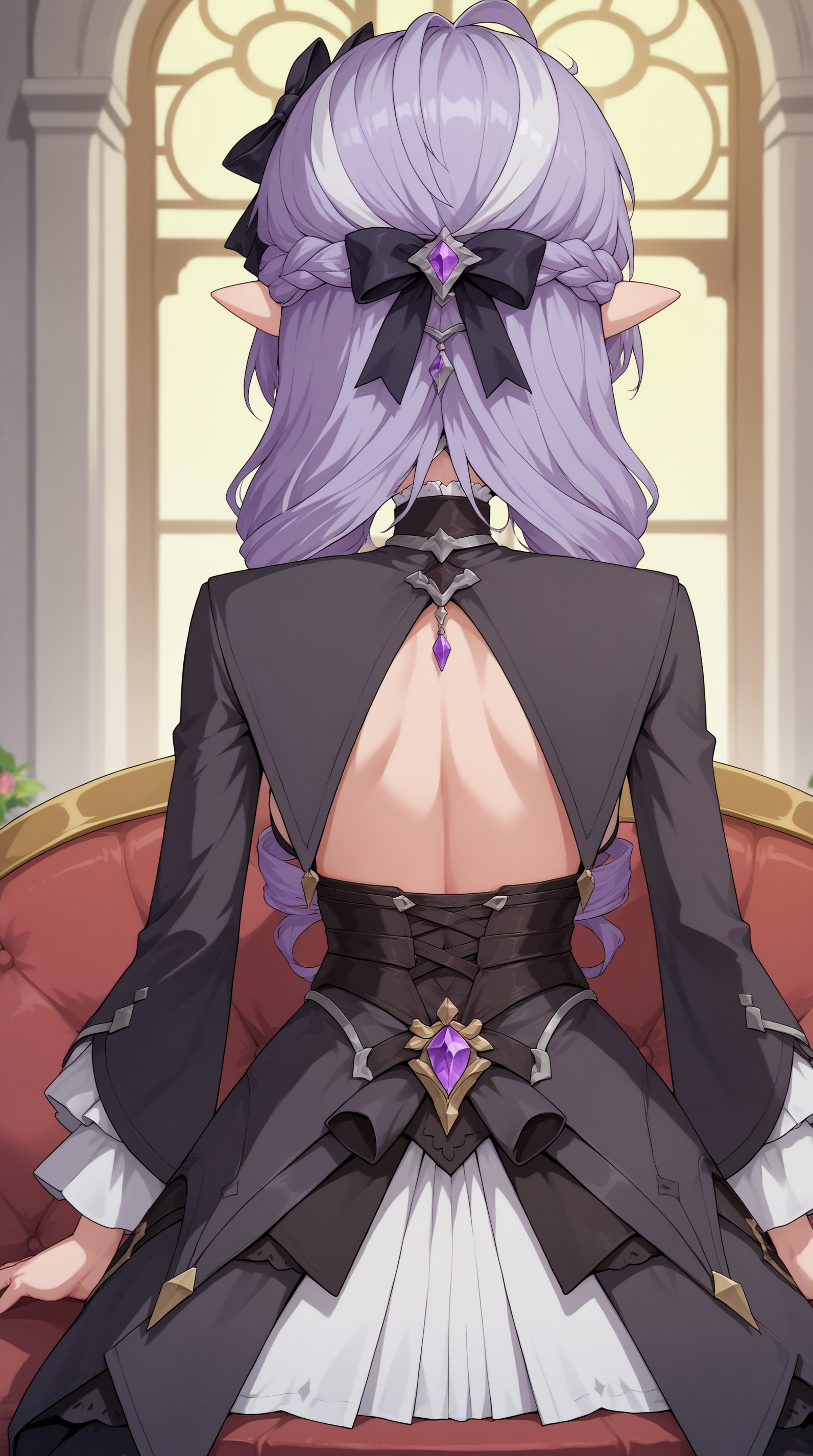 score_9, score_8_up, score_7_up,anime_source, source_anime, best background, indoors,detailed background, anime screencap, 4k, upscale,  Vivian_ZZZ, 1girl, long hair, black pantyhose, black dress, drill hair, purple hair, long sleeves, multicolored hair, sitting, from behind, back, pointy ears, french braid, from behind, streaked hair, facing away, black bow, hair bow, ribbon, <lora:Vivian_ZZZ_PONYv5:0.8>