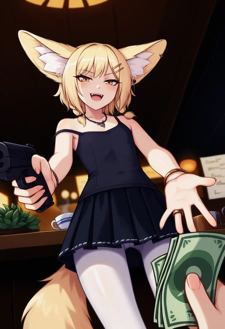 score_9, best quality, masterpiece, uncensored, source_anime
BREAK
khiara, 1girl, animal ear piercing, animal ears, black tank top, blonde hair, bracelet, braid, cafe, cup, fangs, flat chest, fox ears, fox girl, fox tail, hair ornament, hairclip, holding weapon, pistol, indoors, jewelry, large ears, medium hair, necklace, open mouth, solo, strap slip, tail, tank top, standing, grin, godoacrime, pov hands, holding gun, aiming at viewer, from below, (money:1.2), white pantyhose, skirt
<lora:personal_ami_pony_v4-000011:1>  <lora:goDoACrimeMemeDora_v10:1>