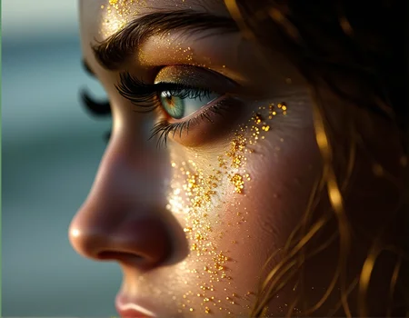 . A breathtaking extreme close-up of a woman's face, focusing on the reflection of light in her iris. Her cheeks are covered in fine gold dust, creating a dramatic contrast. The lighting is sharp and directional., <lora:bv-close-up-enhancer.safetensors:1.0:1.0>