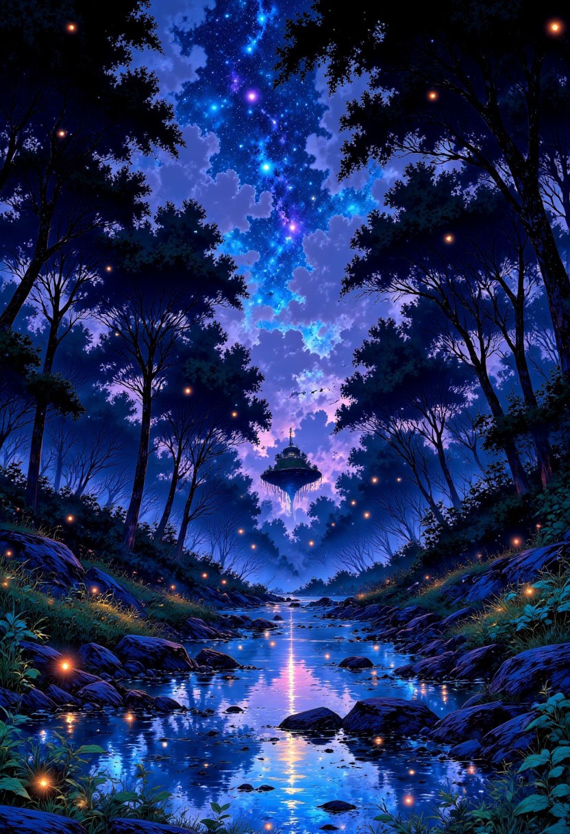 Enchanted Bioluminescent Forest – Glowing Trees & Floating Lights
"A mystical forest where ancient trees emit a soft, blue bioluminescent glow. The leaves shimmer in hues of violet and turquoise, casting an eerie, yet beautiful light. Fireflies dance through the air like tiny stars, their golden glow reflecting off a crystal-clear river that winds through the glowing undergrowth. A distant, floating island hovers above the mist-covered canopy, bathed in an ethereal purple glow."