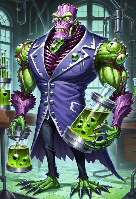 a skinny fleshmutant frankenstein's monster covered in eyes holding a beaker inside of a laboratory,patchwork creature,patchwork skin,full body,2d,anime
