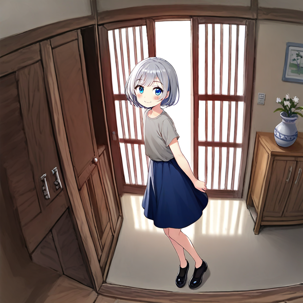 1girl, solo, front door, sliding doors, indoors,open door, smile, grey shirt, shirt, looking at viewer, short sleeves, short hair, blush, standing, indoors, blue skirt, black footwear, closed mouth, bangs, blue eyes, shoes, full body, grey hair, casual,, blurry background, vase