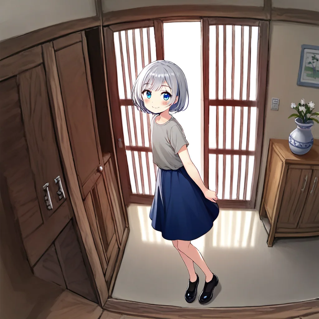 1girl, solo, front door, sliding doors, indoors,open door, smile, grey shirt, shirt, looking at viewer, short sleeves, short hair, blush, standing, indoors, blue skirt, black footwear, closed mouth, bangs, blue eyes, shoes, full body, grey hair, casual,, blurry background, vase