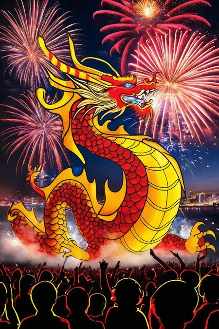 new year celebration, art work, red and yellow dragon, 16k, best quality, HDR, night, show people, Fireworks 2024 on sky, 16k, HDR,<lora:EMS-88628-EMS:0.800000>,<lora:EMS-255229-EMS:0.600000>