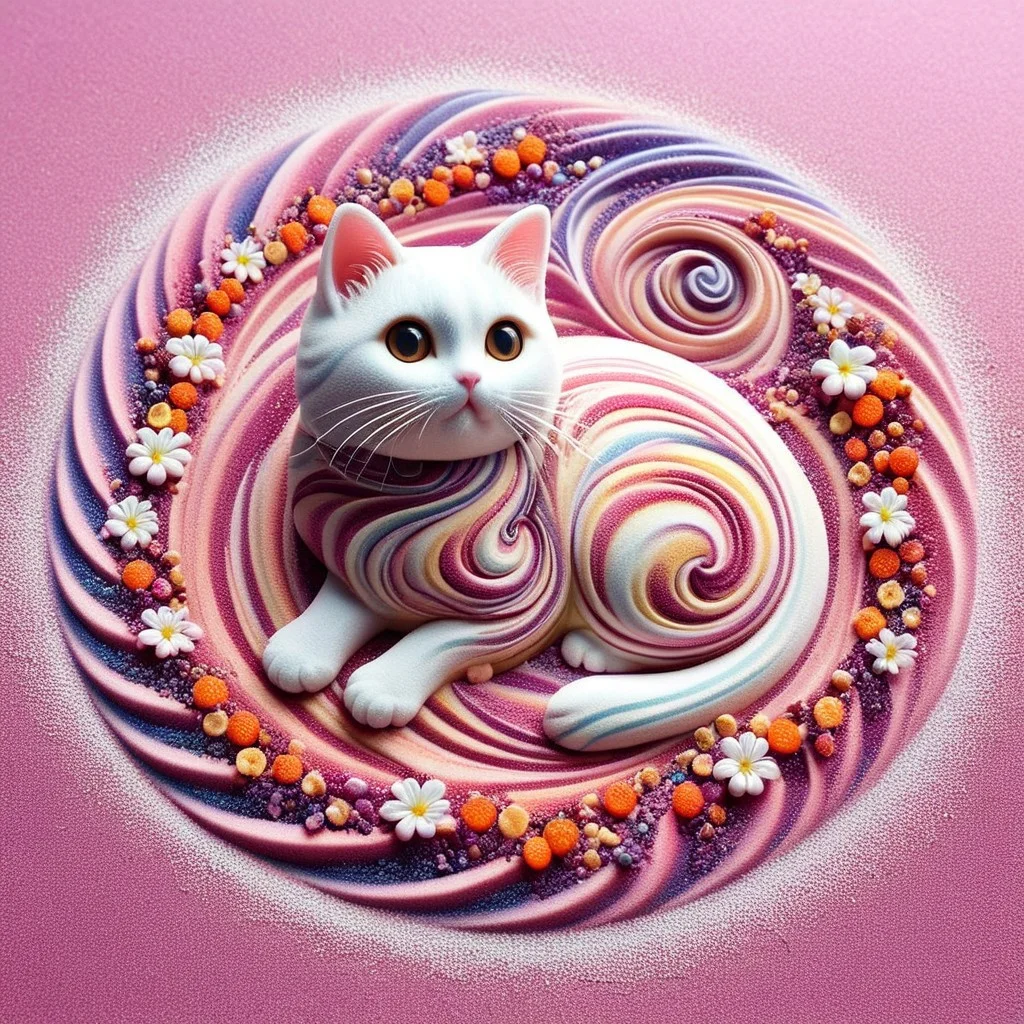 A cute chibi cat on in a swirl garden, kaleidoscopic illusions. sandswirl, swirling sand, (made out of sugar)