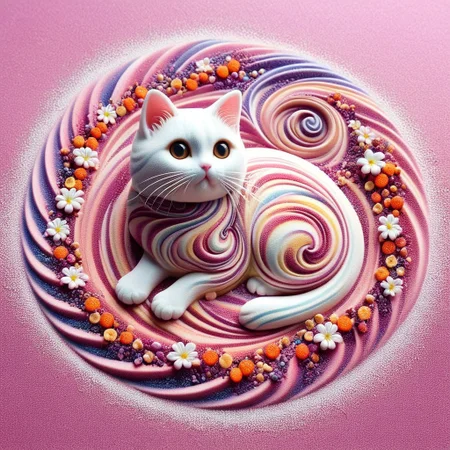 A cute chibi cat on in a swirl garden, kaleidoscopic illusions. sandswirl, swirling sand, (made out of sugar)
