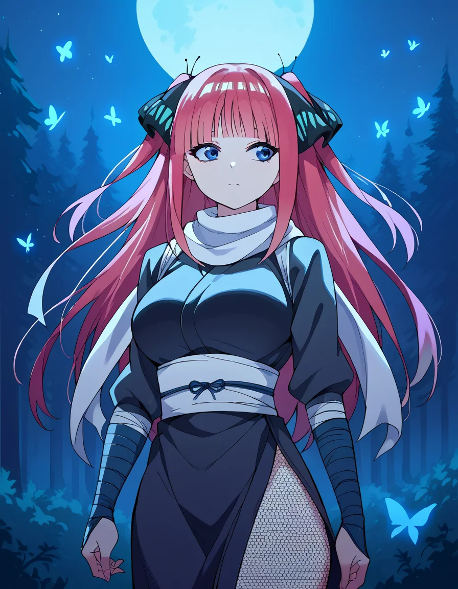 score_9, score_8_up, score_7_up, source_anime, <lora:nnakano-s2-ponyxl-lora-nochekaiser:1>, long hair, bangs, blue eyes, hair ornament, hair ribbon, pink hair, blunt bangs, two side up, butterfly hair ornament, large breasts,, <lora:ninja-ponyxl-lora-nochekaiser:1>, ninja, fishnets, scarf,, moon, night, forest, trees,, cowboy shot