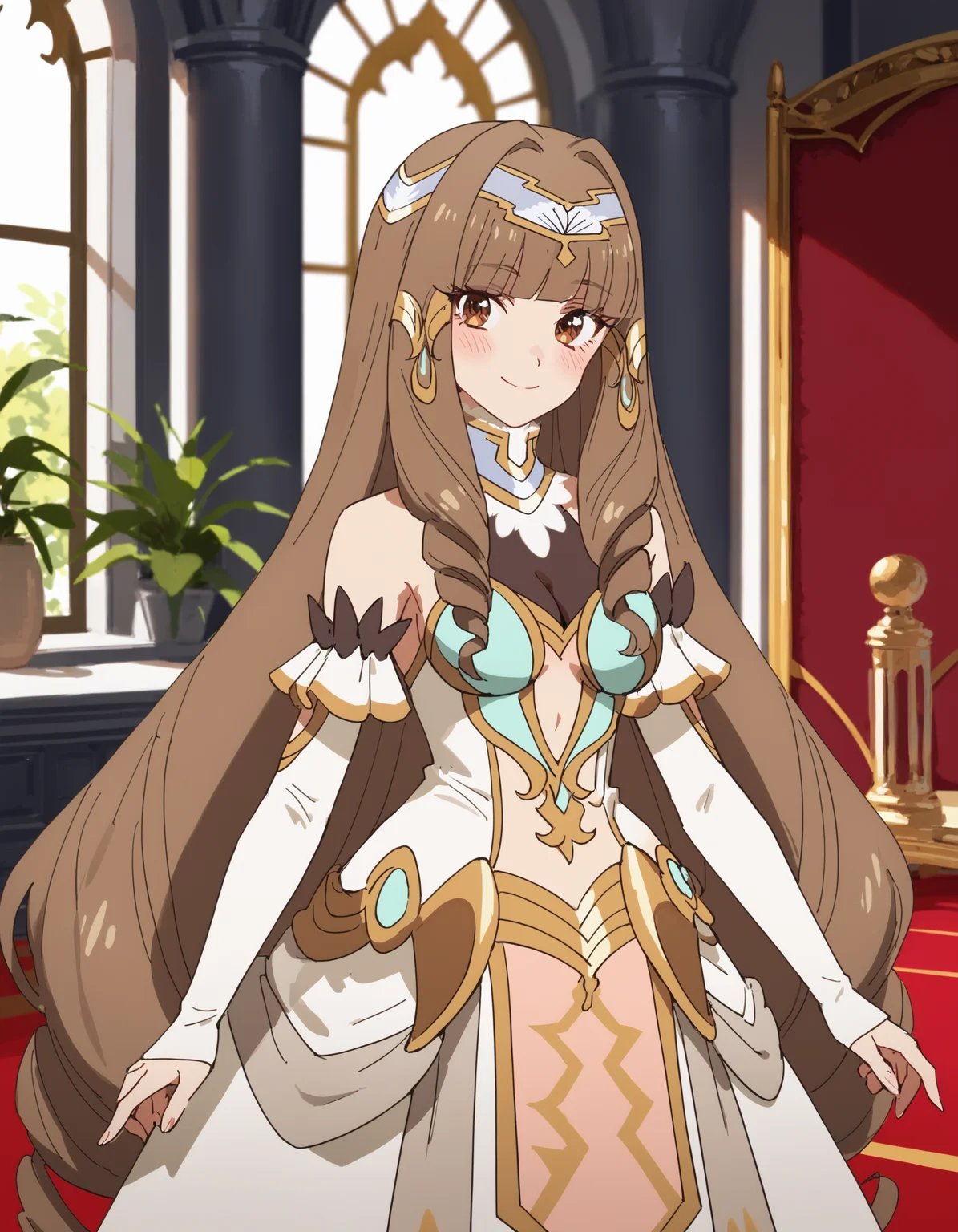 (score_9, score_8_up, score_7_up)
BREAK
elizabeth_olis, 1girl, solo, brown hair, drill sidelocks, very long hair, brown eyes, gown, circlet, hair tubes, high collar, see-through cleavage, elbow gloves, looking at viewer, blush, smile, cowboy shot
BREAK
throne room, column, window, day
<lora:elizabeth_Lv2karaCheat_ponyxl_v01:1>