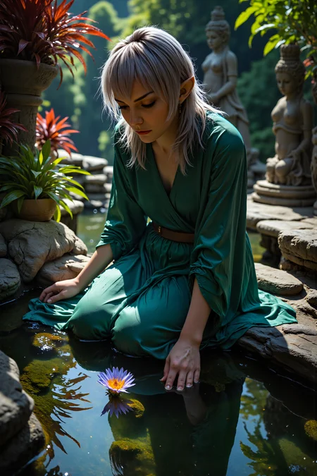 A hyper-realistic portrait, photorealistic photo close-up image of In a lush, hidden valley on Vulcan, an elderly Vulcan woman kneels beside a tranquil pool, her reflection rippling softly on the waterâs surface. Her hair, long and silver, is tied back with a simple band, cascading down her back, while her robes, a deep emerald, flow gently around her, blending into the verdant surroundings. Her skin, a rich olive, glows faintly in the dappled sunlight filtering through the towering, red-leaved trees that encircle the pool. Her hands, delicate yet strong, hover just above the water, where a single, vibrant flower blooms, its petals a bright blue against the green waters. Her face is calm, devoid of emotion, yet her deep-set eyes reflect the wisdom of someone who has spent many lifetimes in quiet contemplation. The soft hum of Vulcanâs natural life fills the air, from the distant chirping of native birds to the gentle rustle of leaves in the breeze. The stone benches and ancient statues surrounding the pool speak of centuries of quiet meditation, forgotten by all but a few. In the stillness of this secluded sanctuary, she breathes deeply, absorbing the logic and serenity of the natural world, her connection to the planet and its ancient traditions palpable in the calm air. (photography, high-resolution, dynamic, energetic,hyper-realistic, dramatic lighting, shallow depth of field.), detailmaximizer, MythP0rt<lora:midjourney_whisper_flux_lora_v01:0.55><lora:aidmaMJ6.1-FLUX-V0.1:0.4><lora:FluxMythP0rtr4itStyle:0.4><lora:detailed_flux_ntc:2.2><lora:aidmaImageUpgrader-FLUX-V0.1:0.65><lora:VULCANV1_FLUX:1.3>