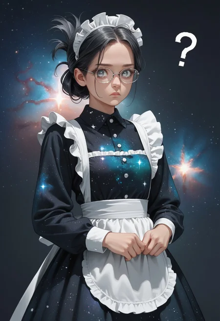 lazyup7, 1girl, source_anime, maid, maid headdress, white apron, long dress, (galaxy dress), black hair, folded ponytail, glassses, gray eyes, glasses, confused, ?, lifting skirt, looking at viewer, galaxy background