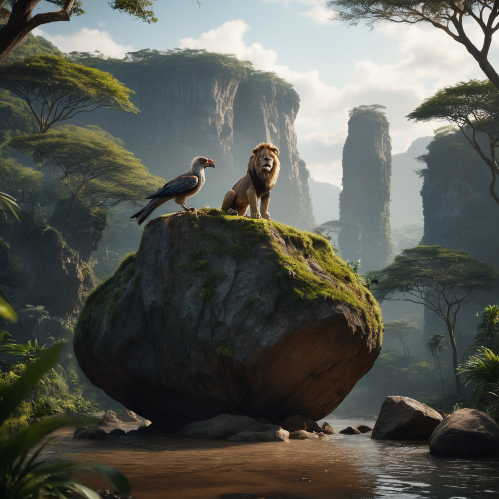 cinematic film still of  <lora:the lion king style:0.8> manga style
In the African jungle a large rock formation with a bird perched on it,realistic,realism,photorealism,hyperrealism,hyperrealistic,outdoors,day,water,tree,no humans,nature,scenery,rock,moss , realistic, sharp, detailed, documentary style, film light style, movie still, photography, artistic, perfection, contrast, cinematic, filmic, high quality photo,  8k quality, colorful, different animals, national geographic style, the lion king style, shallow depth of field, vignette, highly detailed, high budget, bokeh, cinemascope, moody, epic, gorgeous, film grain, grainy