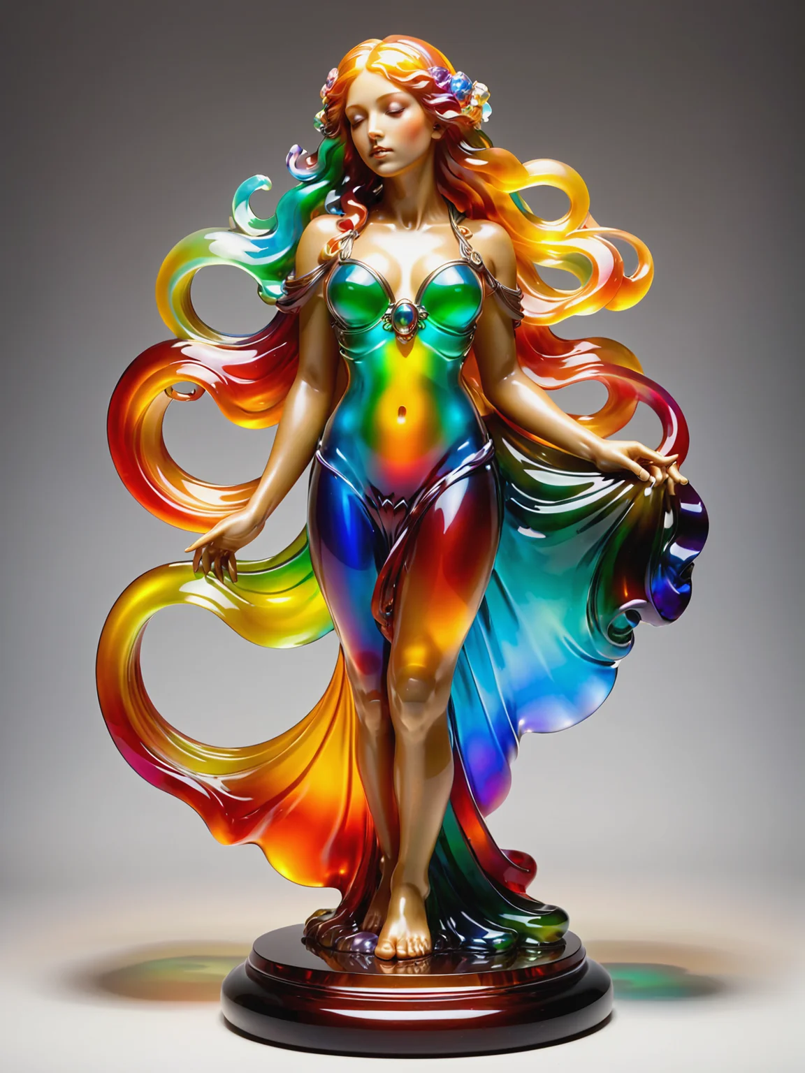 statue of a woman in the style of alphonse_mucha, rainbow colors, floating hair, spotlight, <lora:JellyStyle:0.8>, (masterpiece:1.2), best quality