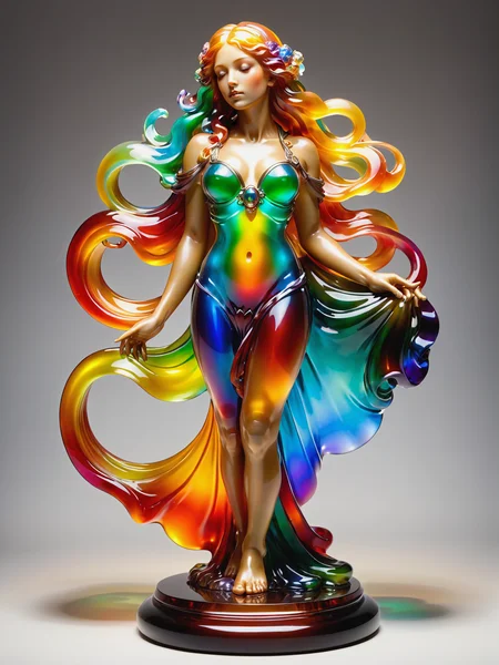 statue of a woman in the style of alphonse_mucha, rainbow colors, floating hair, spotlight, <lora:JellyStyle:0.8>, (masterpiece:1.2), best quality