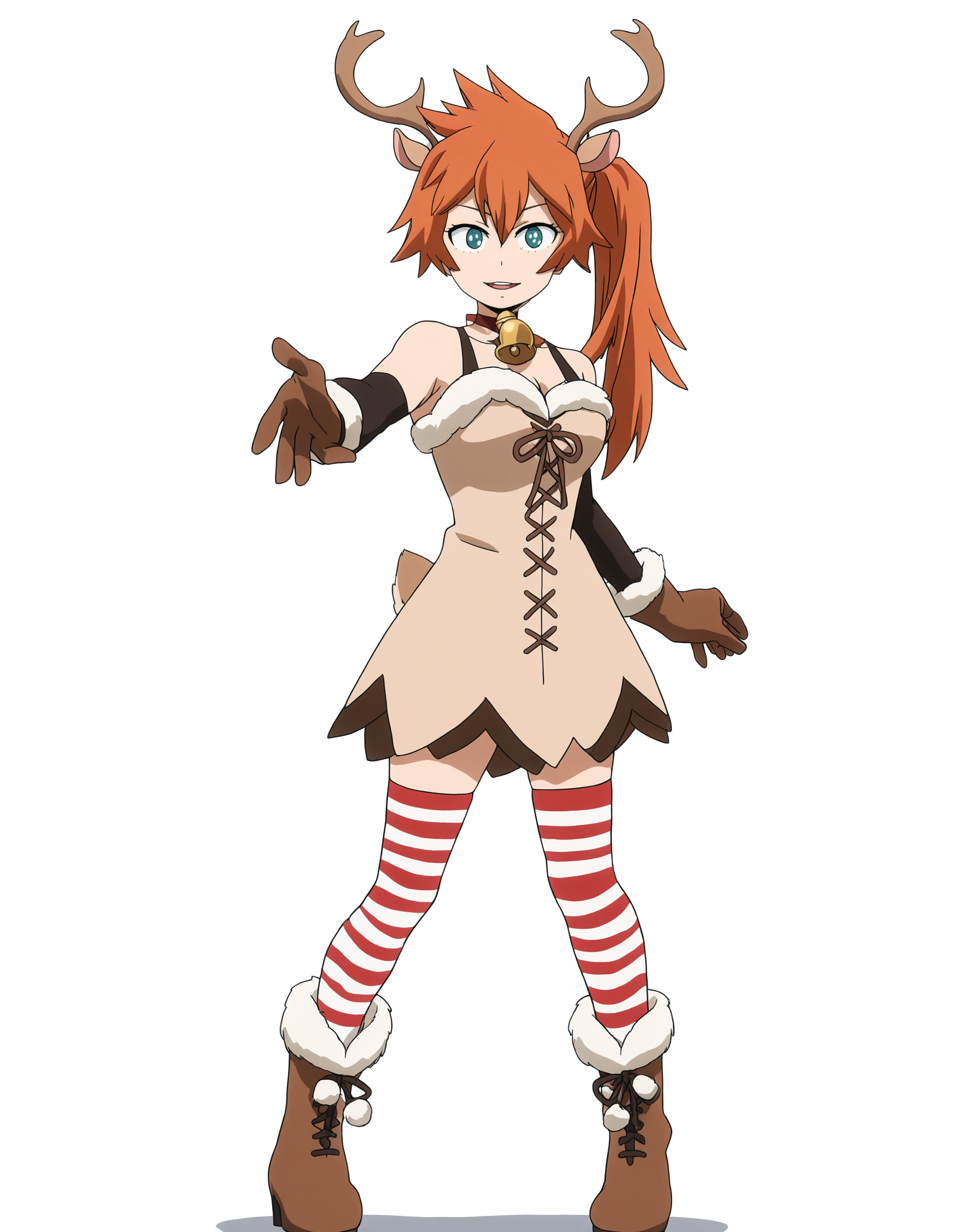 solo, full body, perfect composition, shadows, shading, <lora:anime_screencap-Illustrious:0.65> anime screencap, anime coloring, very aesthetic, absurdres, zPDXL, <lora:Pony_DetailV2.0:0.5> <lora:illustrious_quality_modifiers_masterpieces_v1:1>
<lora:ItsukaK:1> 1tsuk2, 1girl, aqua eyes, side ponytail, orange hair, deer ears, antlers, bell choker, female focus, looking at viewer, smile, open mouth, defined lips, standing, dynamic pose, 
beige dress, christmas_outfit, brown gloves, black elbow gloves, cross-laced dress, striped thighhighs, boots, fur trim, 
white background, simple background,