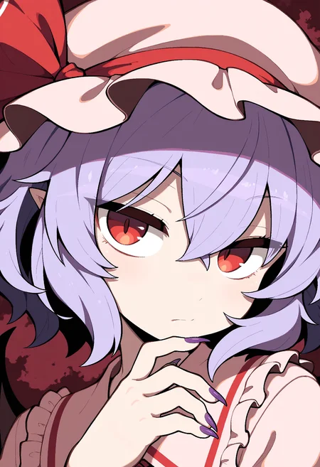 masterpiece,best quality,amazing quality,
1girl, solo, remilia scarlet, hat, mob cap, short hair, fingernails, looking at viewer, red eyes, hair between eyes, white headwear, closed mouth, ribbon, portrait, purple hair, long fingernails, purple nails, bangs, wings, hat ribbon, nail polish, bat wings, red ribbon,
<lora:AverageHanzo_epoch_10:1>