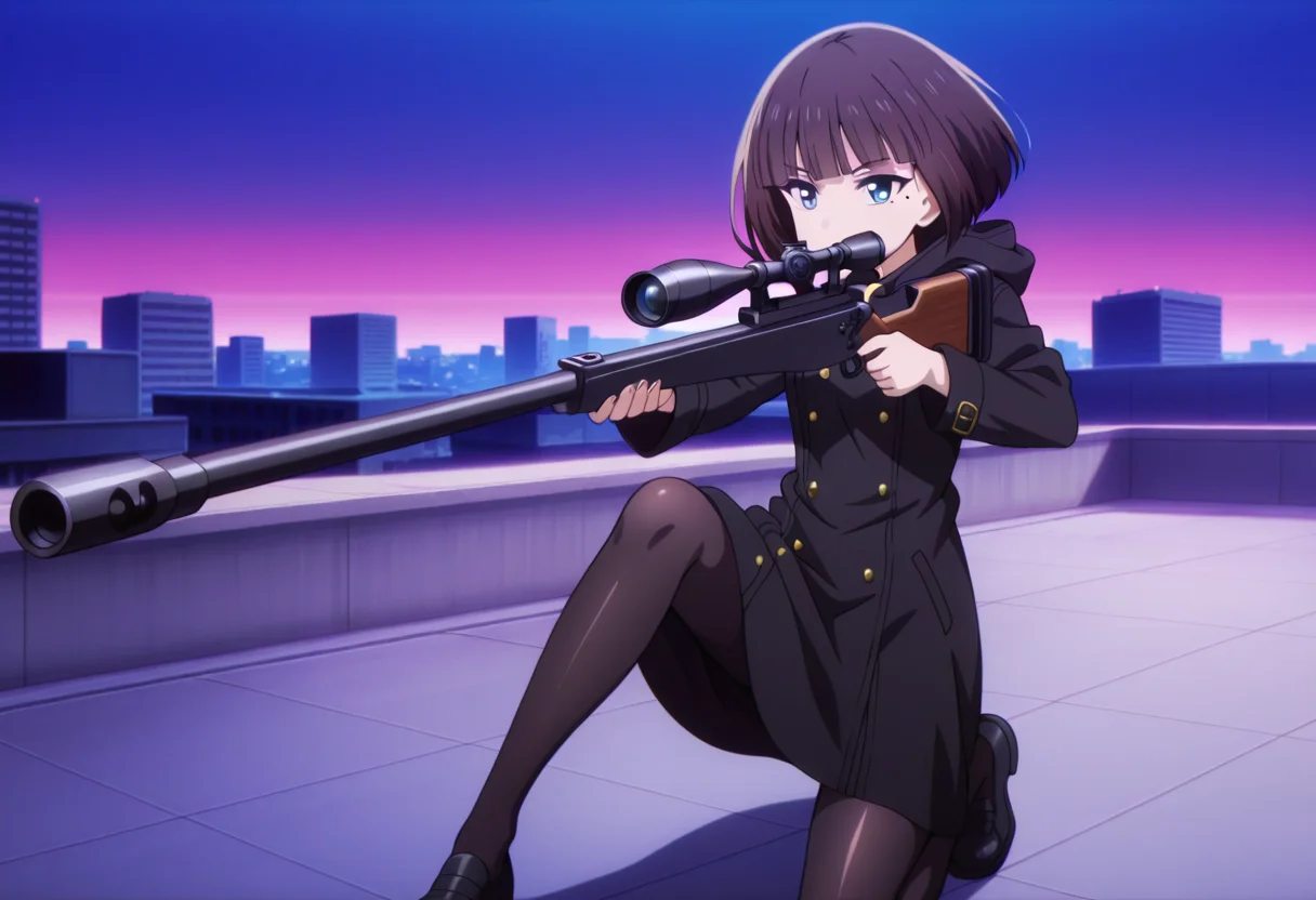 anime screencap, anime coloring, anime colored background, detailed background, detailed face, shiny skin, shiny hair, absurdes, highres, dynamic pose, masterpiece, best quality, official art, cel shaded, graphic illustration, digital painting, CGI, very detailed, amazing quality, intricate details, dynamic pose, HDR, UHD, 8K, Fineline illustration, Highly detailed, ultra-fine painting, sharp focus, Professional, Vivid Colors
BREAK
<lora:Rein_Kashiwagi:1>, Rein Kashiwagi, 1girl, solo, short hair, brown hair, blunt bangs, bob cut, blue eyes, mole under eye, small breast, hood down, black coat, long sleeves, buttons, black tights, black shoes, on roof, kneeling on one knee, holding sniper rifle, aiming sniper
BREAK
outside, building, nighttime, <lora:add-detail-xl:1> <lora:DetailedEyes_V3:1> <lora:hand 5.5:1>