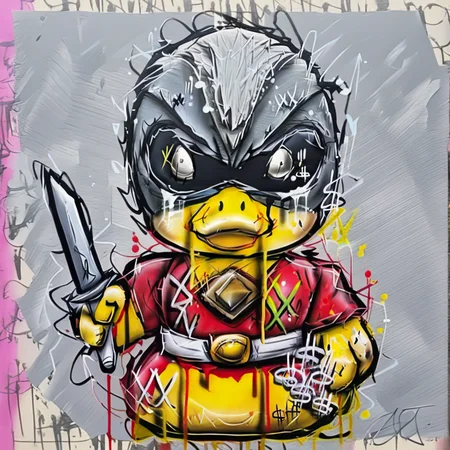 abstract, sword, Yellow rubber duck, Red Power Ranger, japanese clothes, stand (jojo), multiple boys, grey hair, solo, holding card