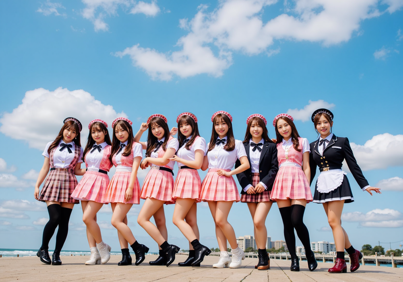 long shot scenic professional photograph of realistic,<lora:Flux_idol_cos:0.9>,idores,(full body:2),smile,idol costumes,18 year old girl,tights,dance,multigirls,group idol,they all have different faces and hairstyles,beautiful japanese idol,(in good style:1.2),<lora:jdl-flux-lora:0.6>,, perfect viewpoint, highly detailed, wide-angle lens, hyper realistic, with dramatic sky, polarizing filter, natural lighting, vivid colors, everything in sharp focus, HDR, UHD, 64K