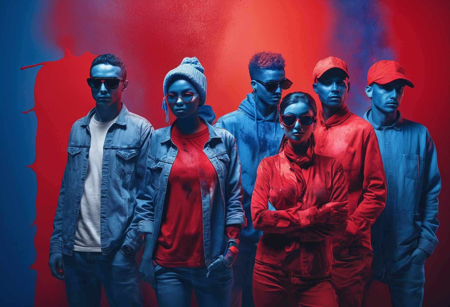 a picture of a Group of people, in the style of vibrant collage, color photography, spray painted, exotic, light indigo and red, close-up, studio photography, negative colors, split tones