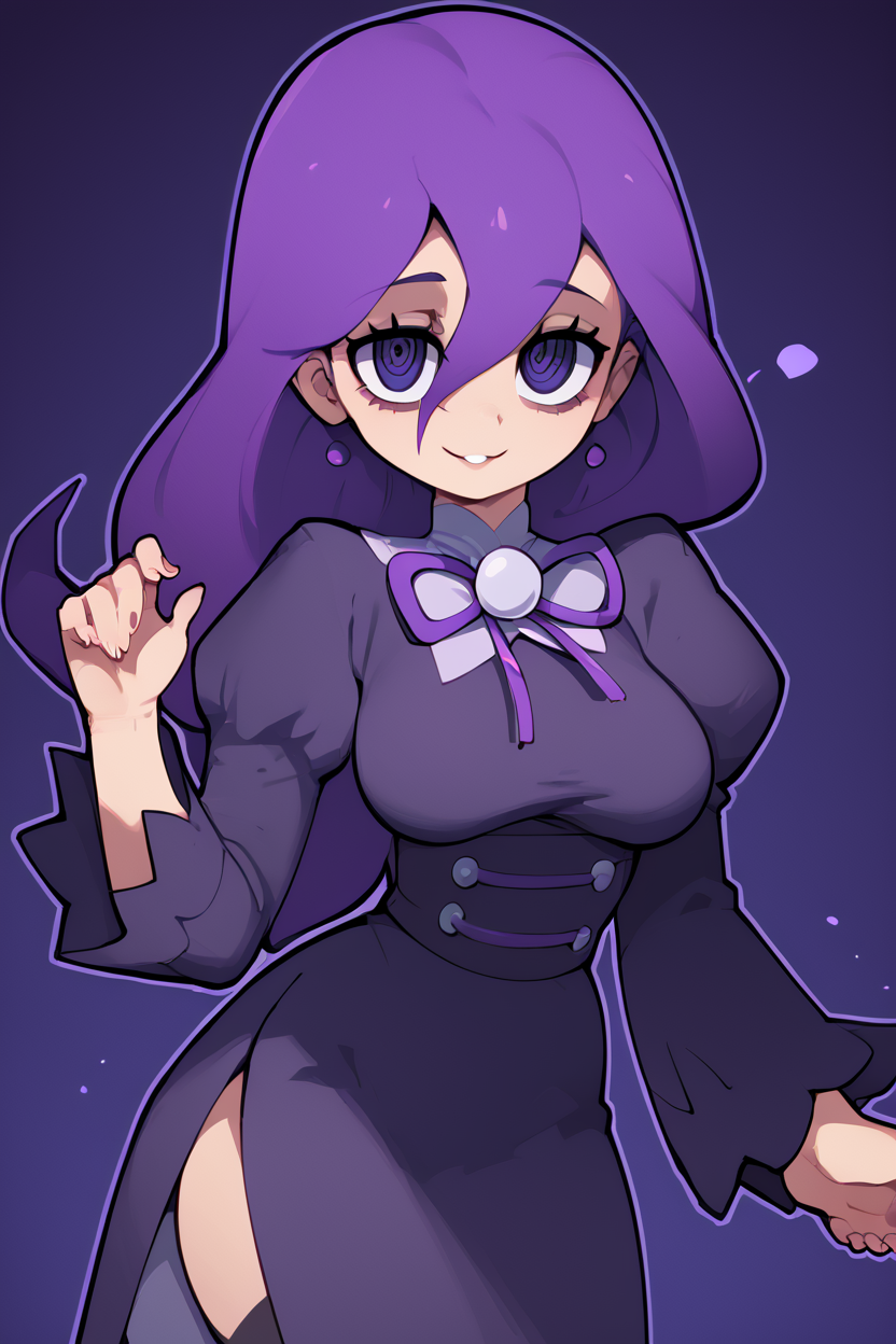score_9, score_8_up, score_8, medium breasts, (curvy), cute, eyelashes,      ,,,    zzHexyZA, purple eyes, bags under eyes, hair between eyes, long hair, purple hair,   long sleeves, bow, jewelry, black dress, purple dress, black pantyhose, juliet sleeves, purple bow, purple bowtie,   ,<lora:HexManiacPokemonZA_PDXL:1.0>,  ,,,  BREAK, wide hips, smile, looking at viewer, cowboy shot, ,,, embedding:zPDXL, Expressiveh, ,,, <lora:SweetCAT_PDXL:1.0>, <lora:SDXLFaeTastic2400:0.5>, <lora:Expressive_H-000001:0.4>,