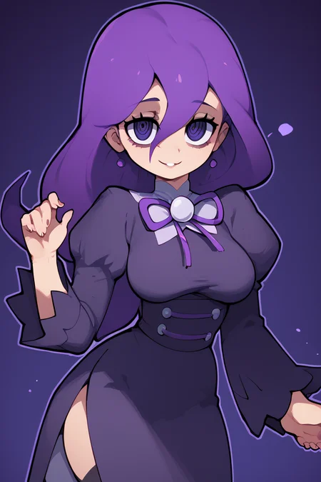 score_9, score_8_up, score_8, medium breasts, (curvy), cute, eyelashes, ,,, zzHexyZA, purple eyes, bags under eyes, hair between eyes, long hair, purple hair, long sleeves, bow, jewelry, black dress, purple dress, black pantyhose, juliet sleeves, purple bow, purple bowtie, ,<lora:HexManiacPokemonZA_PDXL:1.0>, ,,, BREAK, wide hips, smile, looking at viewer, cowboy shot, ,,, embedding:zPDXL, Expressiveh, ,,, <lora:SweetCAT_PDXL:1.0>, <lora:SDXLFaeTastic2400:0.5>, <lora:Expressive_H-000001:0.4>,