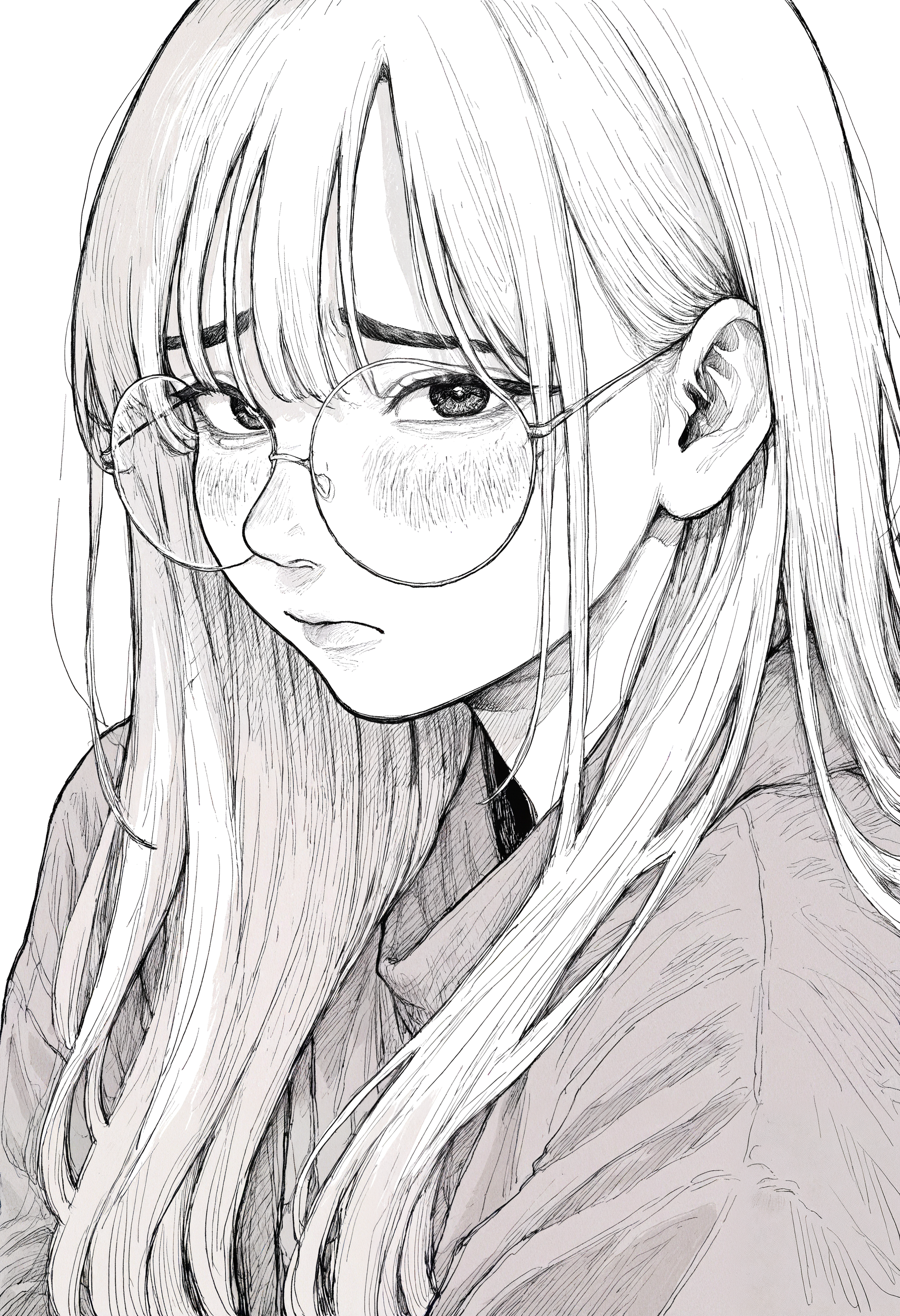 masterpiece, best quality, very aesthetic, absurdres, year 2024, year 2023,  monochrome, greyscale, hatching \(texture\), manga, white background,  1girl, solo, long hair, white hair, round eyewear, blush, furrowed brow, facing to the side, looking at viewer, upper body, face focus,   <lora:owk_bsh_yy>  <lora:ponyv4_noob1_2_adamW-000017:0.35>
