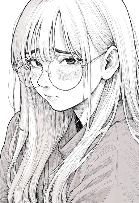masterpiece, best quality, very aesthetic, absurdres, year 2024, year 2023, monochrome, greyscale, hatching \(texture\), manga, white background, 1girl, solo, long hair, white hair, round eyewear, blush, furrowed brow, facing to the side, looking at viewer, upper body, face focus, <lora:owk_bsh_yy> <lora:ponyv4_noob1_2_adamW-000017:0.35>