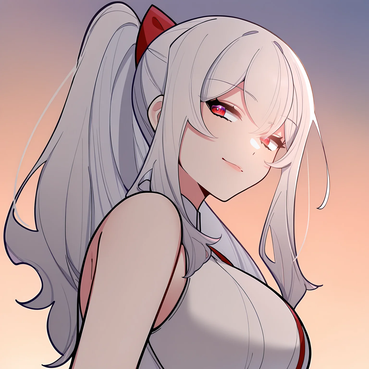 masterpiece,best quality,newest,absurdres,highres,<lora:noobai_ep11_stabilizer_v0.138_fp16:0.8>,tang_xin,long hair,red eyes,silver hair,long hair,breasts,seductive_smile,<lora:Tang_Xin5:1>,detailed eyes,