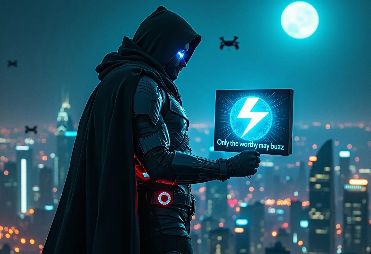 A mysterious, hooded figure stands atop a skyscraper at night, silhouetted against a city skyline lit with a sea of neon lights. The figure’s cloak billows in the wind, revealing hints of futuristic armor underneath, sleek and metallic with glowing accents. In one hand, he holds a small, high-tech sign that projects a hologram of a lightning bolt symbol, like a digital “buzz” emblem, spinning slowly in the air. The sign reads in sharp, bold letters: “Only the worthy may buzz.”
The figure’s face is mostly hidden by his hood, but a faint, piercing glow shines from one of his eyes, hinting at a powerful, enigmatic presence. Around him, the skyscraper’s lights flash in rhythm, almost as if the whole city pulses with anticipation. High-tech drones hover nearby, each displaying the same lightning symbol, casting a cool, electric blue light across the scene. In the distance, clouds part to reveal a full moon, adding to the dark, cyberpunk vibe.
This image has a sleek, intense energy, capturing a sense of power and mystery as if this lone figure is summoning only those who dare to “buzz” up to his level.