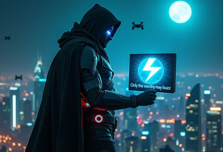 A mysterious, hooded figure stands atop a skyscraper at night, silhouetted against a city skyline lit with a sea of neon lights. The figureâs cloak billows in the wind, revealing hints of futuristic armor underneath, sleek and metallic with glowing accents. In one hand, he holds a small, high-tech sign that projects a hologram of a lightning bolt symbol, like a digital âbuzzâ emblem, spinning slowly in the air. The sign reads in sharp, bold letters: âOnly the worthy may buzz.â
The figureâs face is mostly hidden by his hood, but a faint, piercing glow shines from one of his eyes, hinting at a powerful, enigmatic presence. Around him, the skyscraperâs lights flash in rhythm, almost as if the whole city pulses with anticipation. High-tech drones hover nearby, each displaying the same lightning symbol, casting a cool, electric blue light across the scene. In the distance, clouds part to reveal a full moon, adding to the dark, cyberpunk vibe.
This image has a sleek, intense energy, capturing a sense of power and mystery as if this lone figure is summoning only those who dare to âbuzzâ up to his level.