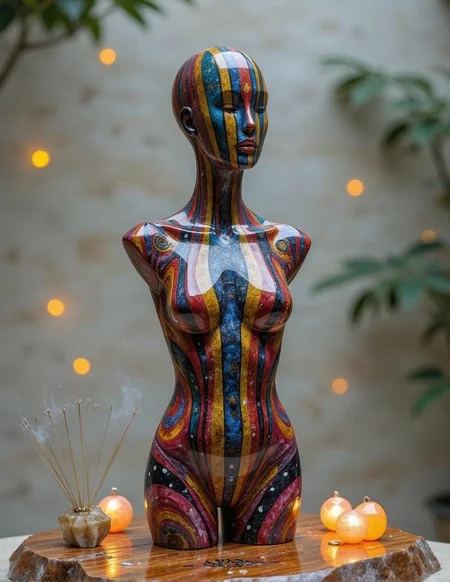 <lora:ck-polygon-gems-0019.safetensors:1> a crafted gemstone model in the style of cklg featuring a
In the heart of Isfahan's grand الت+]گر فن (art district), a vibrant, artistic female torso mannequin stands as a beacon of enchantment. The mannequin, a creation of the finest artisans, is adorned with an array of colorful patterns that seem to shimmer with a life of their own. Her neck and shoulders are painted with vertical rainbow stripes, each line glowing softly as if illuminated by an inner light. These stripes transition into swirling patterns of red, blue, purple, and black, each hue blending seamlessly into the next, creating a mesmerizing tapestry. Gold accents and small white polka dots accentuate the design, adding a touch of regality and elegance.
The mannequin rests on a wooden surface, but the plain off-white background has transformed into a mystical realm. Ethereal light bathes the scene, casting a gentle, otherworldly glow that dances across the mannequin's surface. Glowing orbs of various sizes float around her, each one a different hue, their light mingling with the colors of the mannequin and creating a magical aura. Ancient symbols, etched into the wooden base, emit a faint, pulsating glow, telling stories of ages long past.
The air is thick with the scent of incense, and the rustling of leaves can be heard from a nearby garden, as if the natural world is whispering secrets to the enchanted scene. The mannequin's vibrant patterns and the ethereal elements around her blend in perfect harmony, revealing a hidden world of mystery and wonder. Each element interacts with the others, creating a symphony of color and light that tells a tale of ancient magic and timeless beauty.