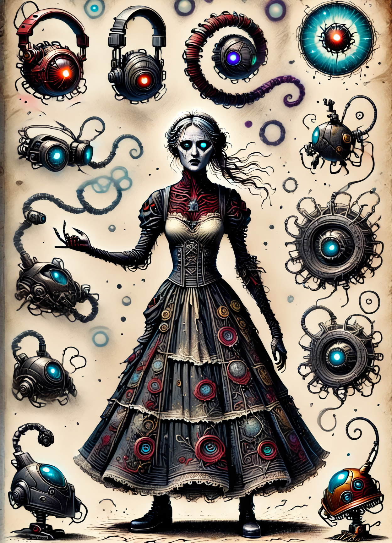 DonM5by55Pr1n7XL, score_9, score_8_up, score_7_up, score_6_up, abysal, 2d illustration, female drone developer, nano-infused mutants, mutants with nanobots integrating into their bodies, granting extraordinary abilities, retirement age, slim, middle easterner, steel gray eyes, curled ears, upturned nose, double chin, chiseled jaw, uneven cheeks,     gothic makeup , copper french braid hair, grief, ar interaction, character gestures with one hand in front of them, as if manipulating augmented reality objects,  wearing cream    digital rain print neural lace skater skirt,  holo-lace skirt,  holo-led visor, , robotic precision, character strikes a precise, mechanical pose, with rigidly angled limbs and straight posture, steampunk-cyberpunk fusion,  rating_safe  <lora:DonM5by55Pr1n7XL-pony:1.1>