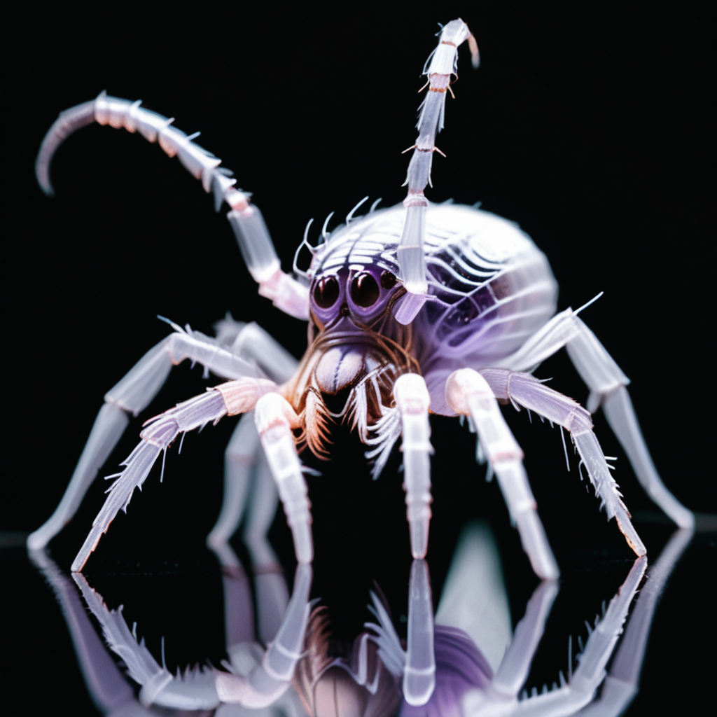 Medium Otherworldly Anomalous Textured Arachnid,  Webbed Appendages, Bifurcated-Tailed Bushy-Tailed, Scales, Dog Ears,    Light purple made of tiny glass filaments  <lora:World_of_Glass_Filament:0.81> w0gf1l