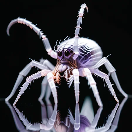 Medium Otherworldly Anomalous Textured Arachnid,  Webbed Appendages, Bifurcated-Tailed Bushy-Tailed, Scales, Dog Ears,    Light purple made of tiny glass filaments  <lora:World_of_Glass_Filament:0.81> w0gf1l