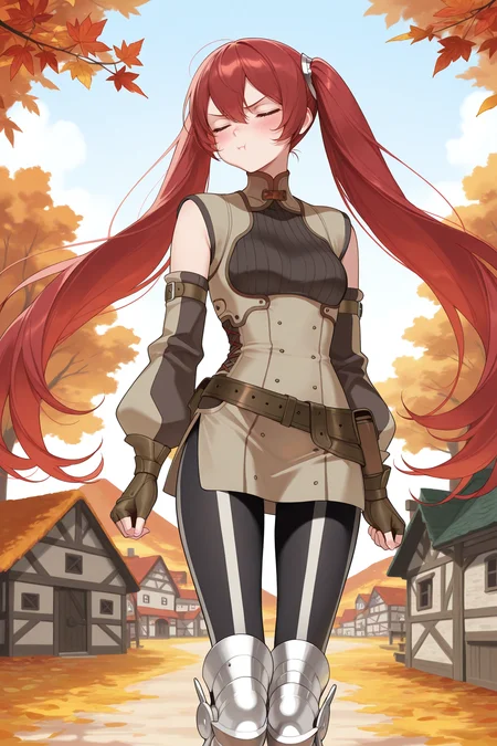 masterpiece, best quality, 1girl, solo, <lora:fesevera-illu-nvwls-v1-000006:1> serabase, red hair, twintails, very long hair, hair between eyes, light brown dress, short dress, black sweater, sleeveless dress, detached sleeves, light brown sleeves, brown belt, fingerless gloves, brown gloves, black leggings, striped leggings, armored boots, closed eyes, arms at sides, pout, looking to the side, blush, village, autumn