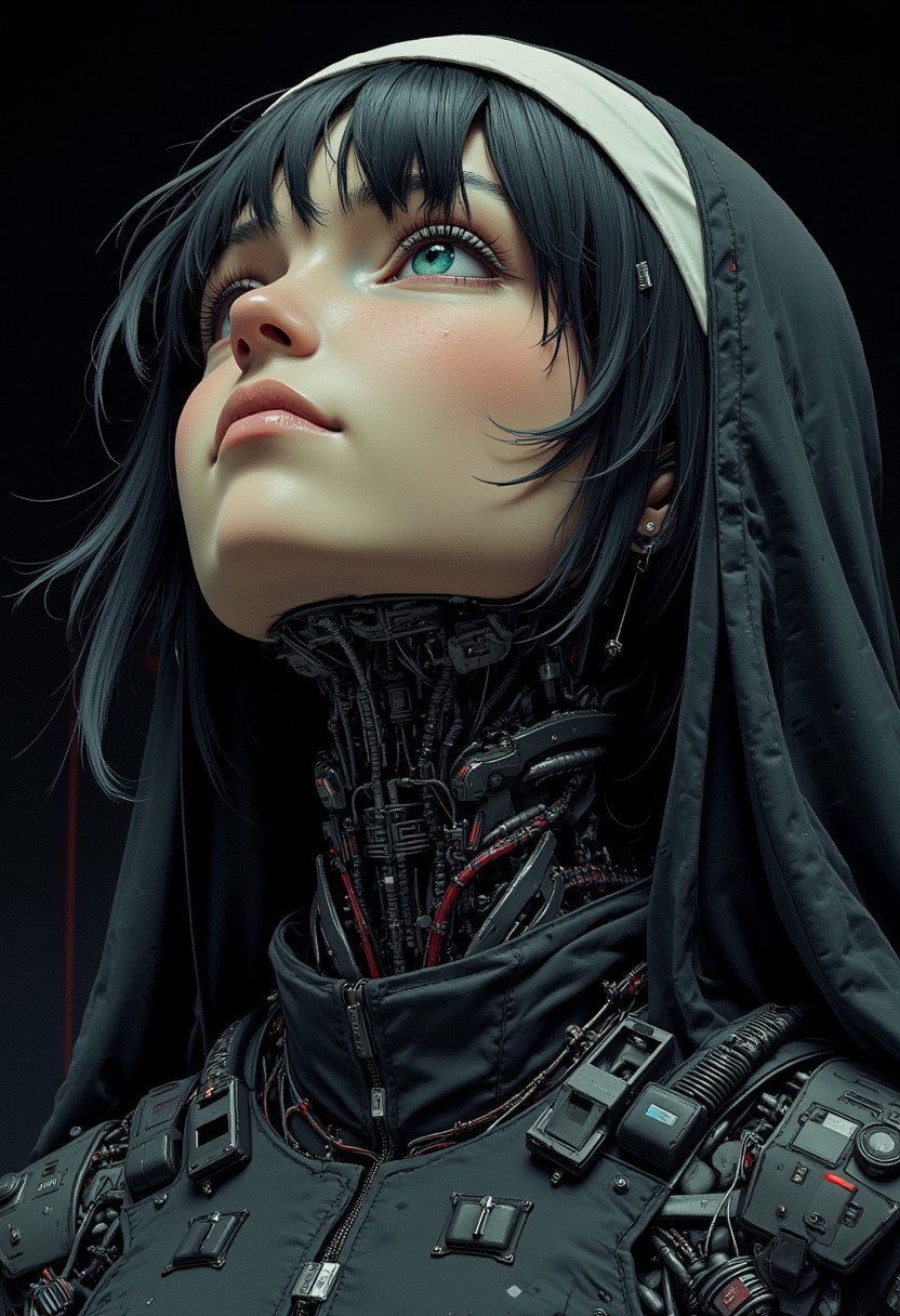 Nistyle, photorealistic, hyperdetailed, moody, volumetric lighting, atmospheric lighting, A highly detailed close-up of a robotic nun's face in manga style, featuring intricate mechanical components and a rusted, dystopian skin texture. Her bushy eyebrows are made of metallic filaments, and her dark hair is replaced by sleek, reinforced plating. She gazes upward with a serene, reverent expression, her blue-green eyes glowing softly with a calm light, as if deep in prayer. Exposed wires and micro control panels are visible along her neck and shoulders, adding to her complex design. The drawing is in black and white, emphasizing the futuristic, vintage nun's outfit reimagined in a mechanical style. The shading highlights the intricate details of her robotic habit, blending both solemnity and a sense of advanced technology, creating a mood of solemn devotion and quiet grace amid a dystopian atmosphere.