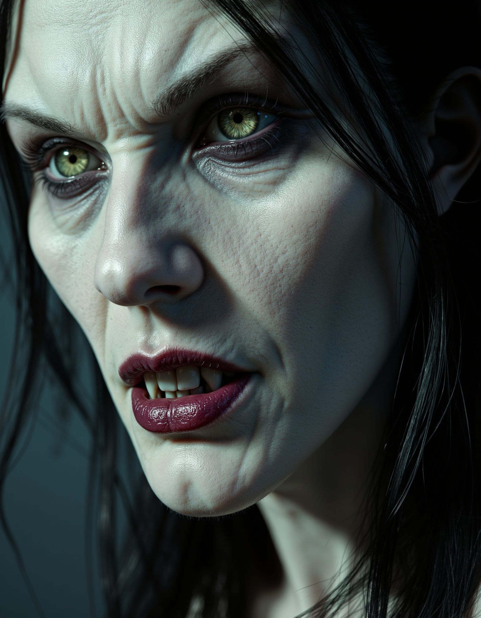 zavy-vmpr, Extreme close-up of a pale gaunt face framed by shadowy tendrils of hair, sharp fangs glinting menacingly against vibrant burgundy lips, a piercing gaze filled with ancient wisdom and a hint of sorrow, reminiscent of classic noir photography with a gritty texture, a color palette of deep plum, silvery gray, and hints of emerald green.