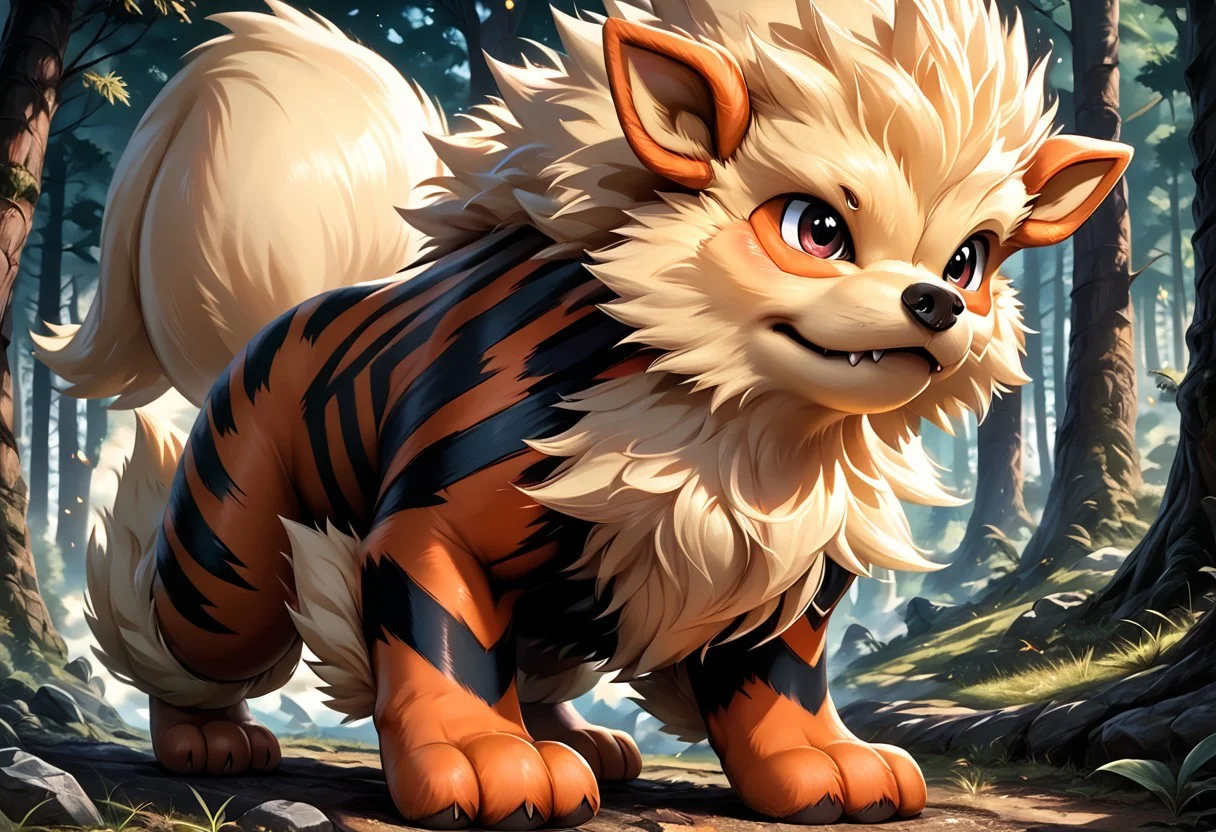 score_9, score_8_up, score_7_up, source_feral, male, arcanine, 3toes, claw on each toe, cute, forest, fluffy fur, flame strike, front view, digital drawing, detailed, detailed elements, epic, solo, full body landscape, eye focus