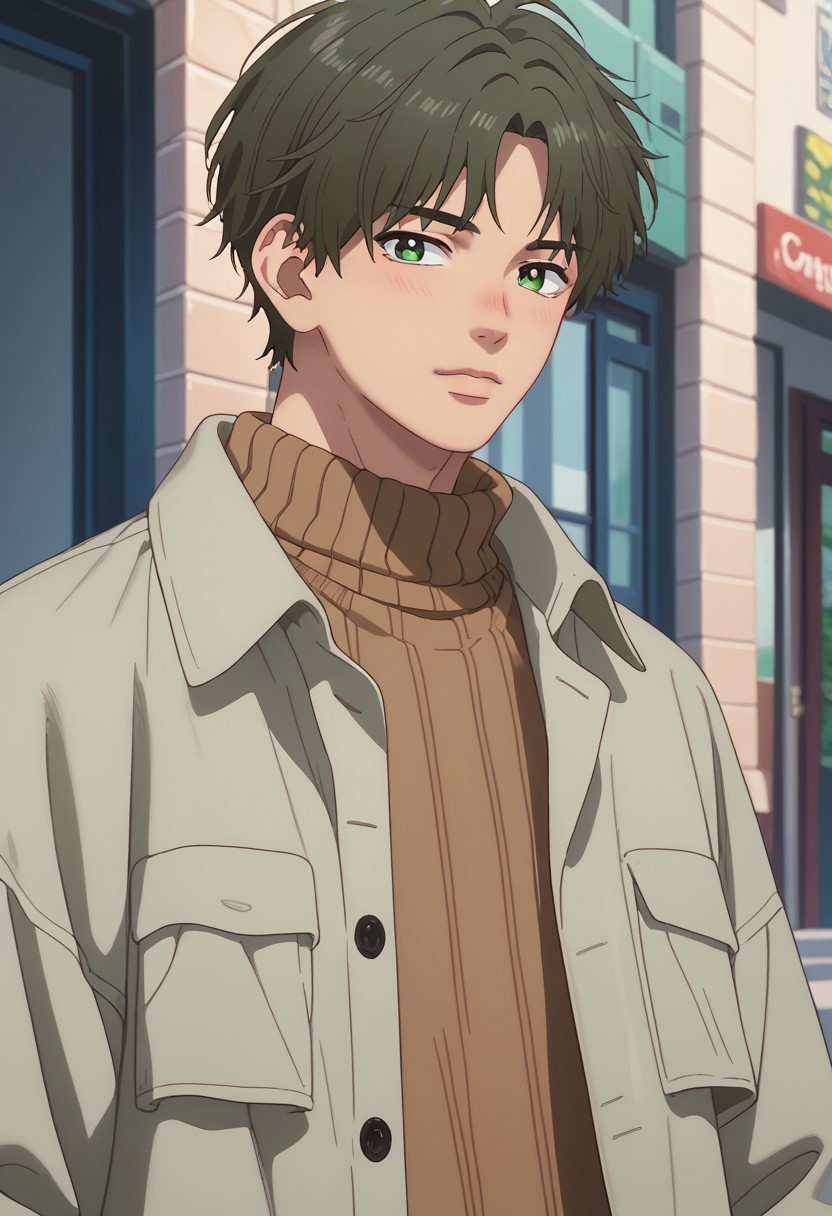 score_9, score_8_up, score_7_up, source_anime, rating_safe, Ousfection, 1boy, male focus, anime screencap, brown turtleneck sweater, light green open jacket