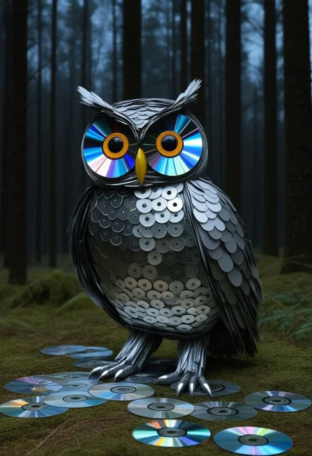 lazympos, owl made of cd's, forest, night, extremely detailed, photorealistic