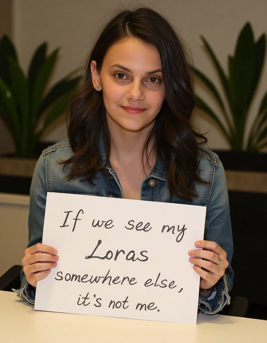 Instagram photo of Dafne Keen a young woman with a long wavy black hair cascading in her shoulders, wearing a denim jacket sitting at a table holding a sign that has the writing "If you see my Loras somewhere else, it's not me" written on it. She is looking at the camera with a slight smile and in the background are some office plants on either side of her out of focus.  large hips<lora:dafne-keen:1> <lora:FLUX.1-Turbo-Alpha:1>