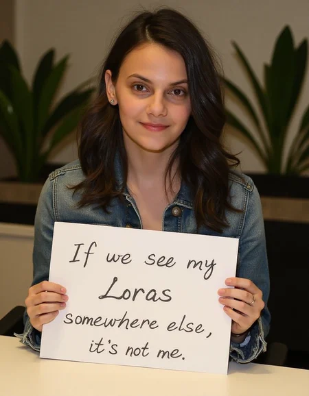 Instagram photo of Dafne Keen a young woman with a long wavy black hair cascading in her shoulders, wearing a denim jacket sitting at a table holding a sign that has the writing "If you see my Loras somewhere else, it's not me" written on it. She is looking at the camera with a slight smile and in the background are some office plants on either side of her out of focus. large hips<lora:dafne-keen:1> <lora:FLUX.1-Turbo-Alpha:1>
