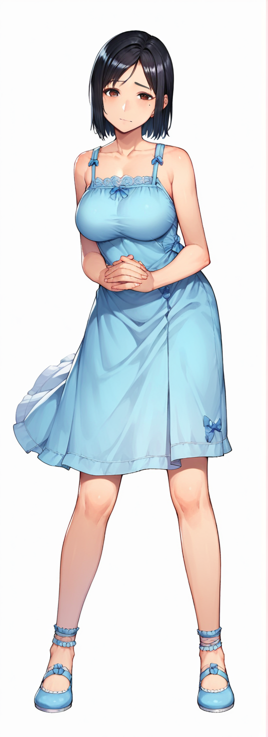 score_9, score_8_up, score_7_up, source_anime,1girl, 
rpkmanaka, short hair, brown eyes, black hair,  mole under eye, mole, <lora:KiryuManaka-PonyV2-000020:0.8>
 large breasts, collarbone,  full body,  own hands together,  simple background, sleeveless, solo, standing, white background,