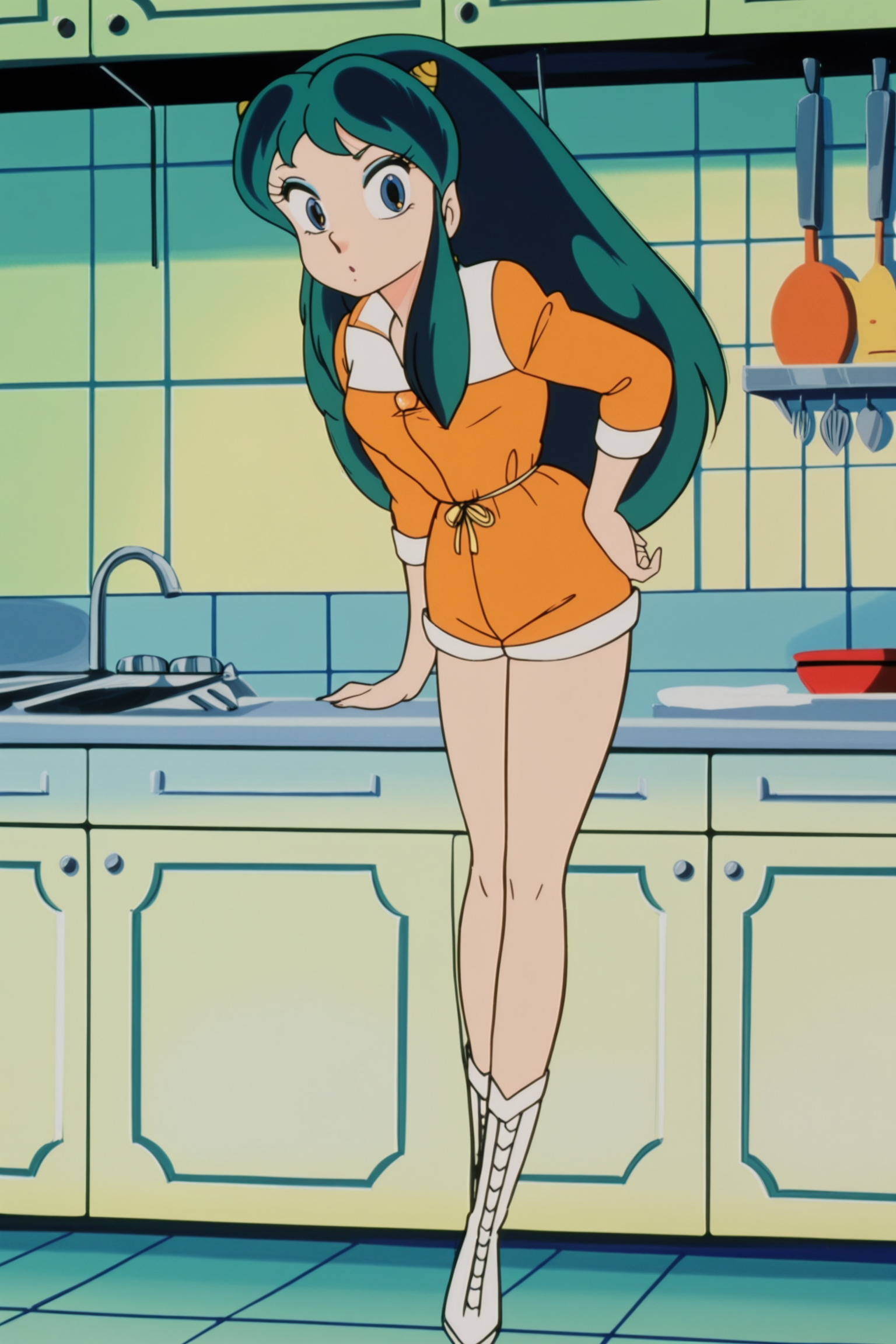 anime screencap, anime coloring, detailed face, masterpiece, best quality, very aesthetic, absurdres, volumetric lighting, official style, amazing quality, ultra detailed,  highres, amazing quality, scenery, beautiful detailed hair, beautiful detailed eyes,
in a kitchen,
 <lora:Lum_Later_Studio_Pierrot_style:1>
Lum S1E34 outfit, Lum (character), 1girl, solo, retro artstyle, 1980s (style), lum, horns, long hair, green hair, blue eyes, orange shorts, boots, full body, hand on own hip, eyeshadow, makeup, oni, looking at the viewer