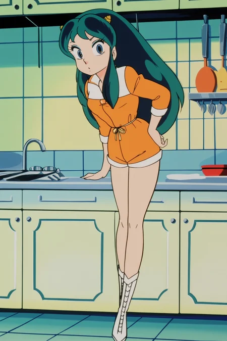 anime screencap, anime coloring, detailed face, masterpiece, best quality, very aesthetic, absurdres, volumetric lighting, official style, amazing quality, ultra detailed,  highres, amazing quality, scenery, beautiful detailed hair, beautiful detailed eyes,
in a kitchen,
 <lora:Lum_Later_Studio_Pierrot_style:1>
Lum S1E34 outfit, Lum (character), 1girl, solo, retro artstyle, 1980s (style), lum, horns, long hair, green hair, blue eyes, orange shorts, boots, full body, hand on own hip, eyeshadow, makeup, oni, looking at the viewer