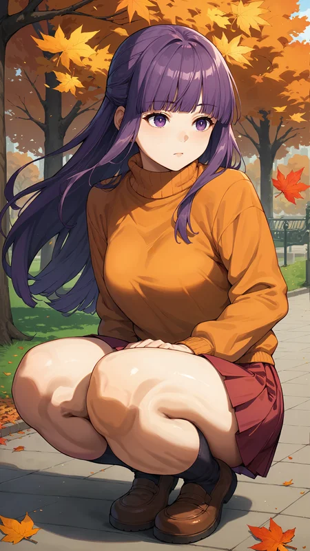 score_9,score_8_up,score_7_up,score_6_up, <lora:xl_more_art-full_v1:0.5>, source_anime, girl, dynamic pose, squatting, <lora:Fern - Pony:0.8>, long hair, purple hair, blunt bangs, sidelocks, purple eyes, orange sweater, turtleneck sweater, red skirt, pleated skirt, autumn leaves, park, wind,