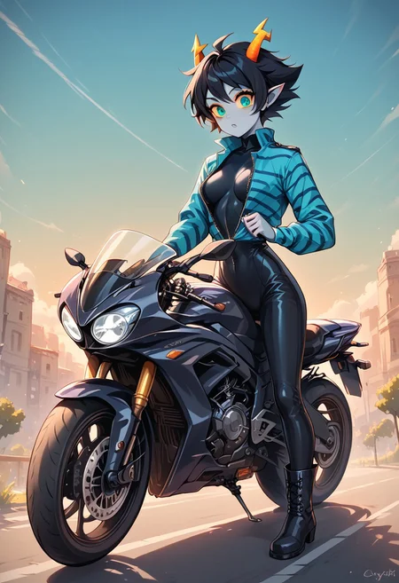 ZPDXL3, score_9, score_8_up, score_7_up, rating_unsafe, solo, masterpiece, female troll, slim, small waist, grey skin, pointy ears, round face, wide eyes, black freckles, black hair, short hair, scruffy hair, turquoise eyes, yellow sclera, straight orange horns, open top black tight leather bodysuit with turquoise stripes, open top motorcycle bodysuit with zipper, military boots, riding motorcycle, cr0tchr0ck3t, motorcycle, ground vehicle, motorcycle,