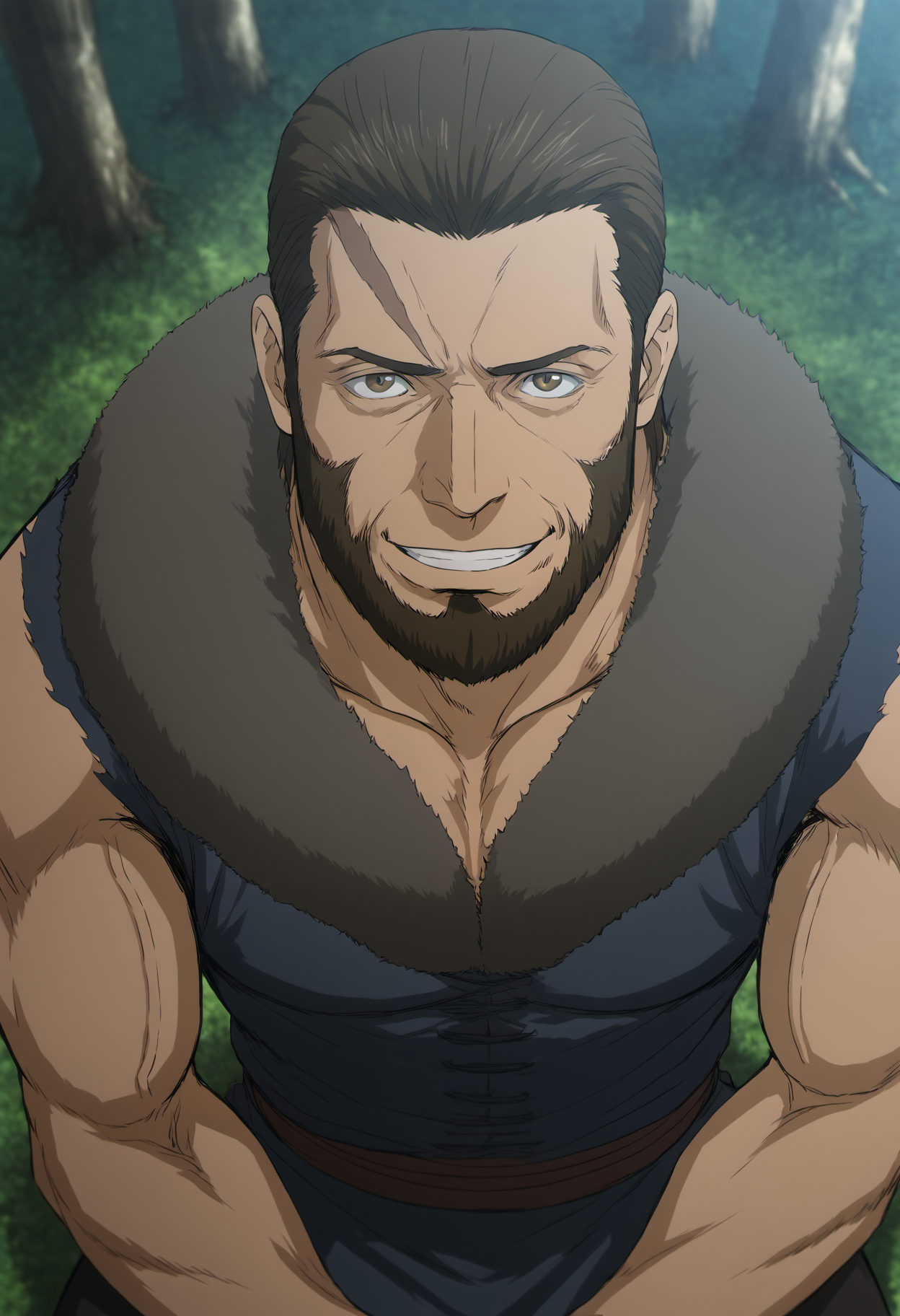 1boy, bandit_SkeletonKnight, two scars on face, beard, brown hair, brown eyes, veiny arms, score_8_up, score_7_up, score_6_up, score_9_up, a muscular man sitting on the ground at forest, fantasy, ancient ,medieval, fur collar, (manly),sleeveless shirt, hairy, face_focus, middle-age man, muscular, centered,looking at viewer,  detailed eyes, 8k uhd, high quality, bare arms, armpit_hair, happy, from above, kneel, hand togther, front view