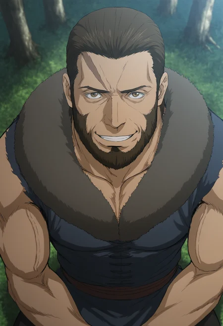 1boy, bandit_SkeletonKnight, two scars on face, beard, brown hair, brown eyes, veiny arms, score_8_up, score_7_up, score_6_up, score_9_up, a muscular man sitting on the ground at forest, fantasy, ancient ,medieval, fur collar, (manly),sleeveless shirt, hairy, face_focus, middle-age man, muscular, centered,looking at viewer,  detailed eyes, 8k uhd, high quality, bare arms, armpit_hair, happy, from above, kneel, hand togther, front view