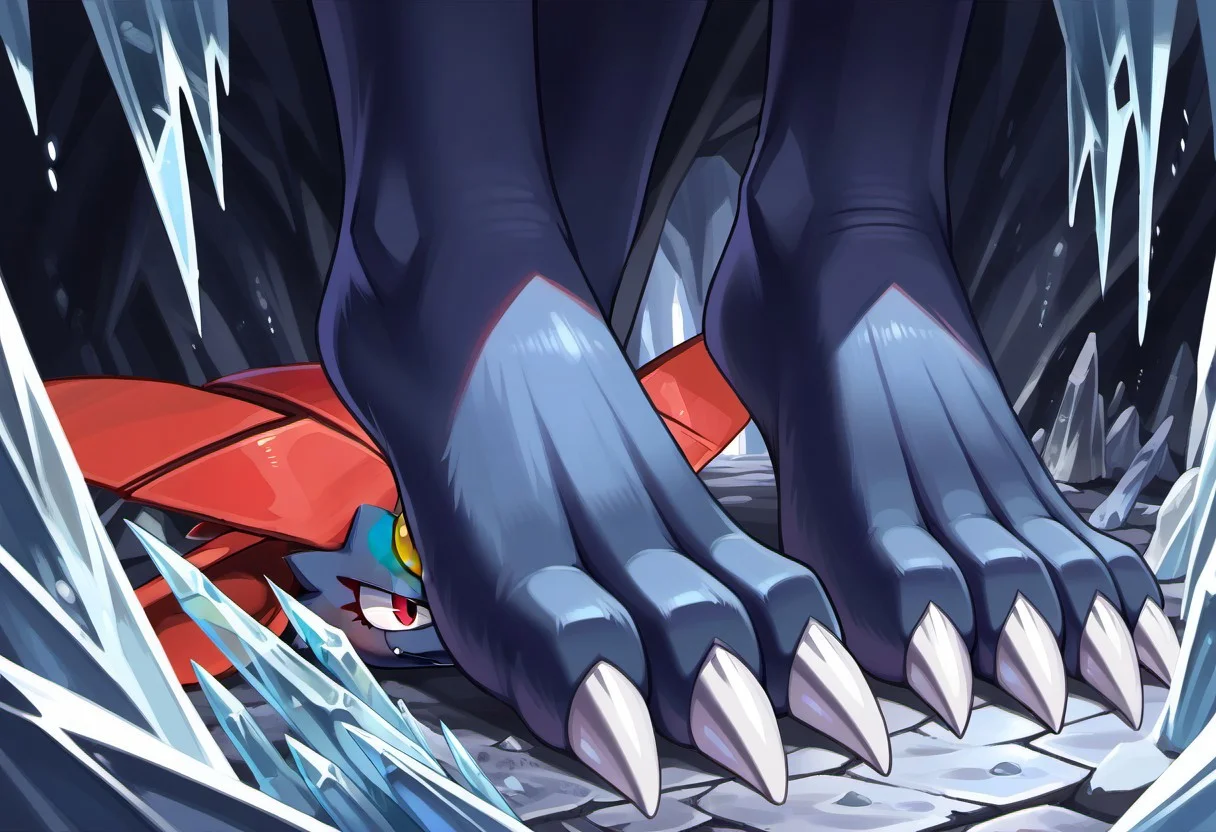 Weavile, pokemon (creature), barefoot, dark feet, 3 toes, standing, foot focus, close-up, ice cave